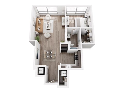 Floor plan for 1 bed, 1 bath, 857 sqft